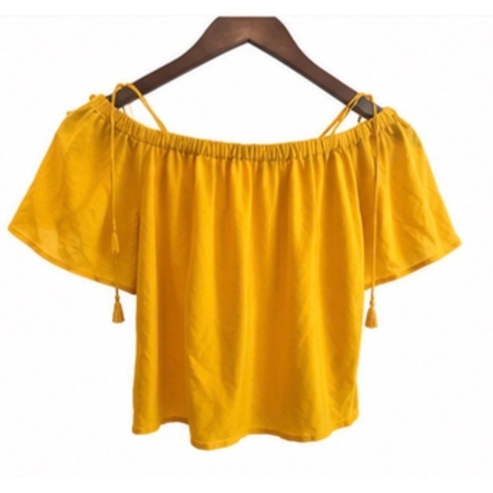 Madewell Silk Off-the-Shoulder Top Women XXS Yellow EUC Tassel Bardot Cropped